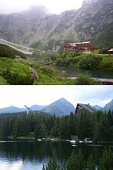 Chata pri Zelenom plese na úbočí Jahňacího štítu (nahoře), Štrbské pleso (dole) [Збільшити - нове вікно]